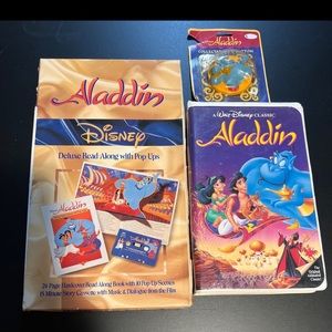 Disney Aladdin Black Diamond VHS &  Read Along Book & Genie Button